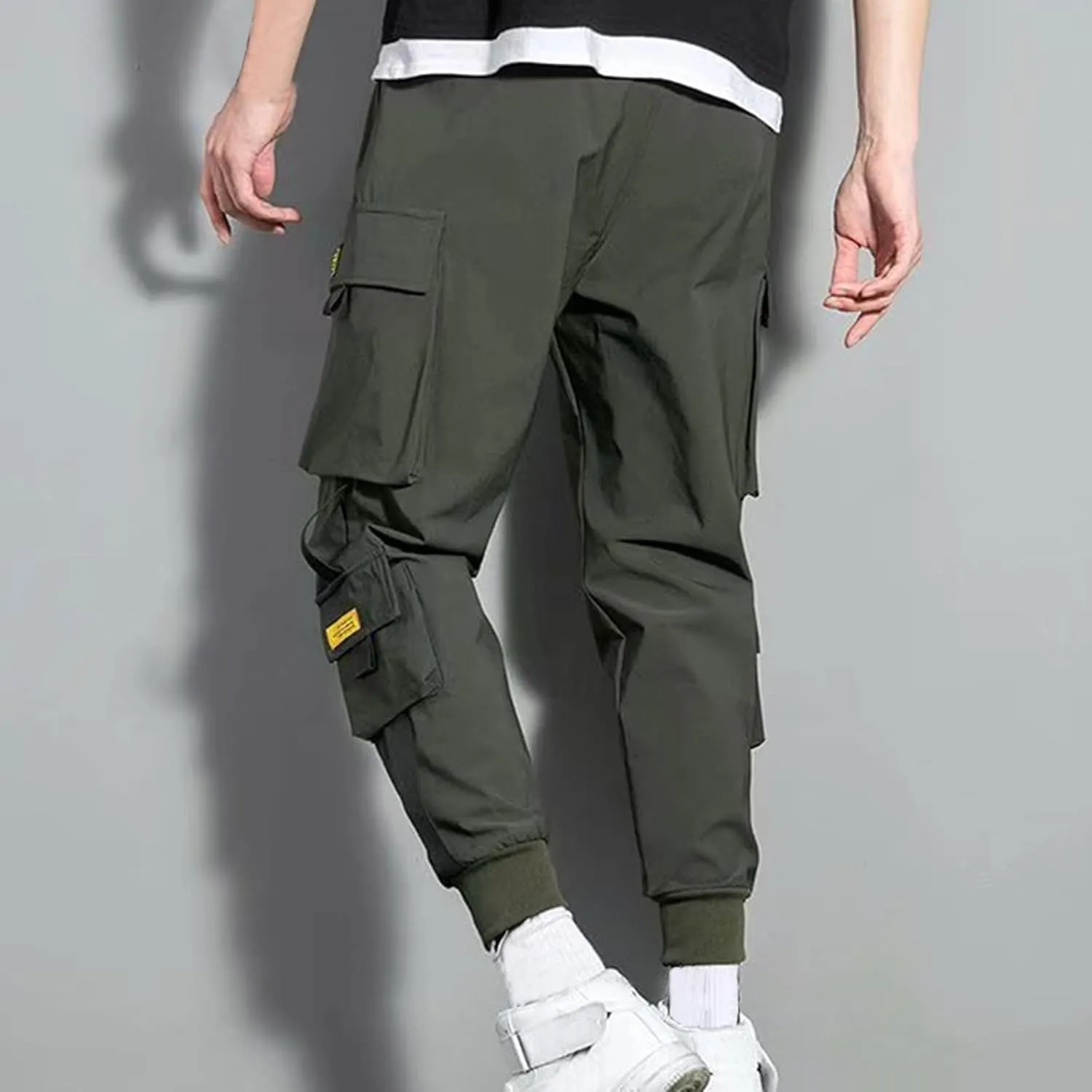 Aymnlox Cargo Pants for Men Lightweight Slim Fit Solid Color Tapered Sweatpants Drawstring Elastic Waist Trouser with Pockets