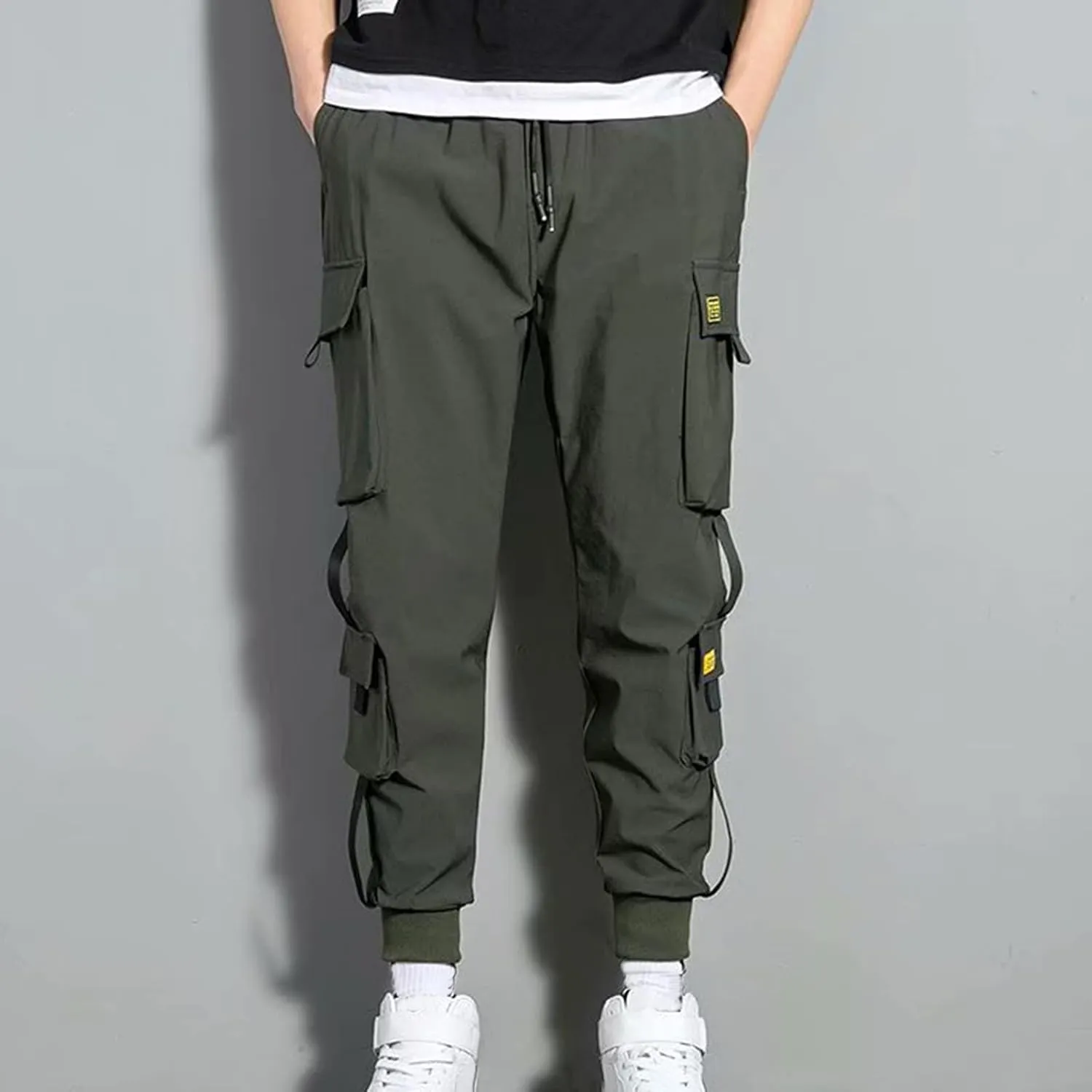 Aymnlox Cargo Pants for Men Lightweight Slim Fit Solid Color Tapered Sweatpants Drawstring Elastic Waist Trouser with Pockets