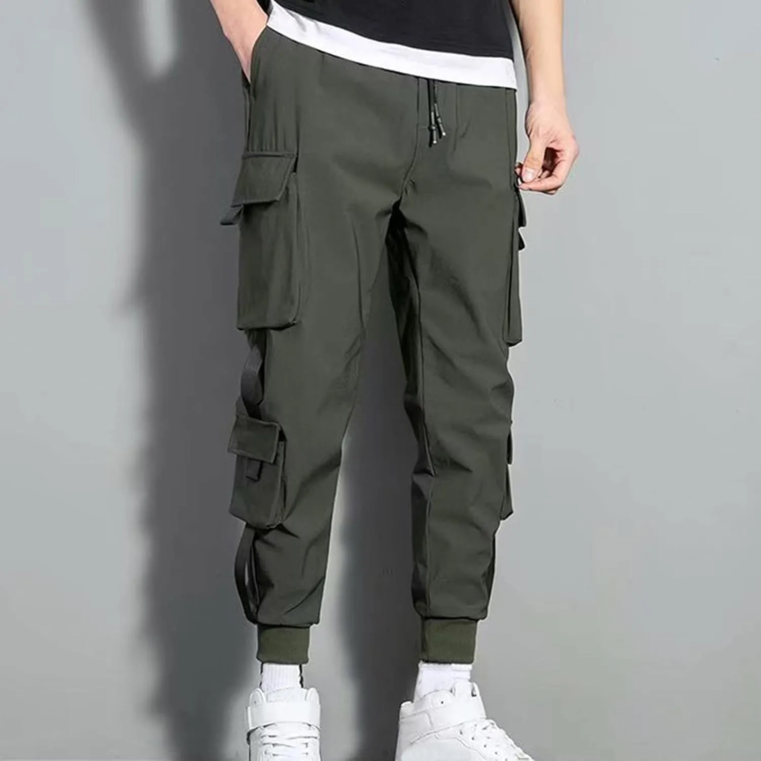 Aymnlox Cargo Pants for Men Lightweight Slim Fit Solid Color Tapered Sweatpants Drawstring Elastic Waist Trouser with Pockets