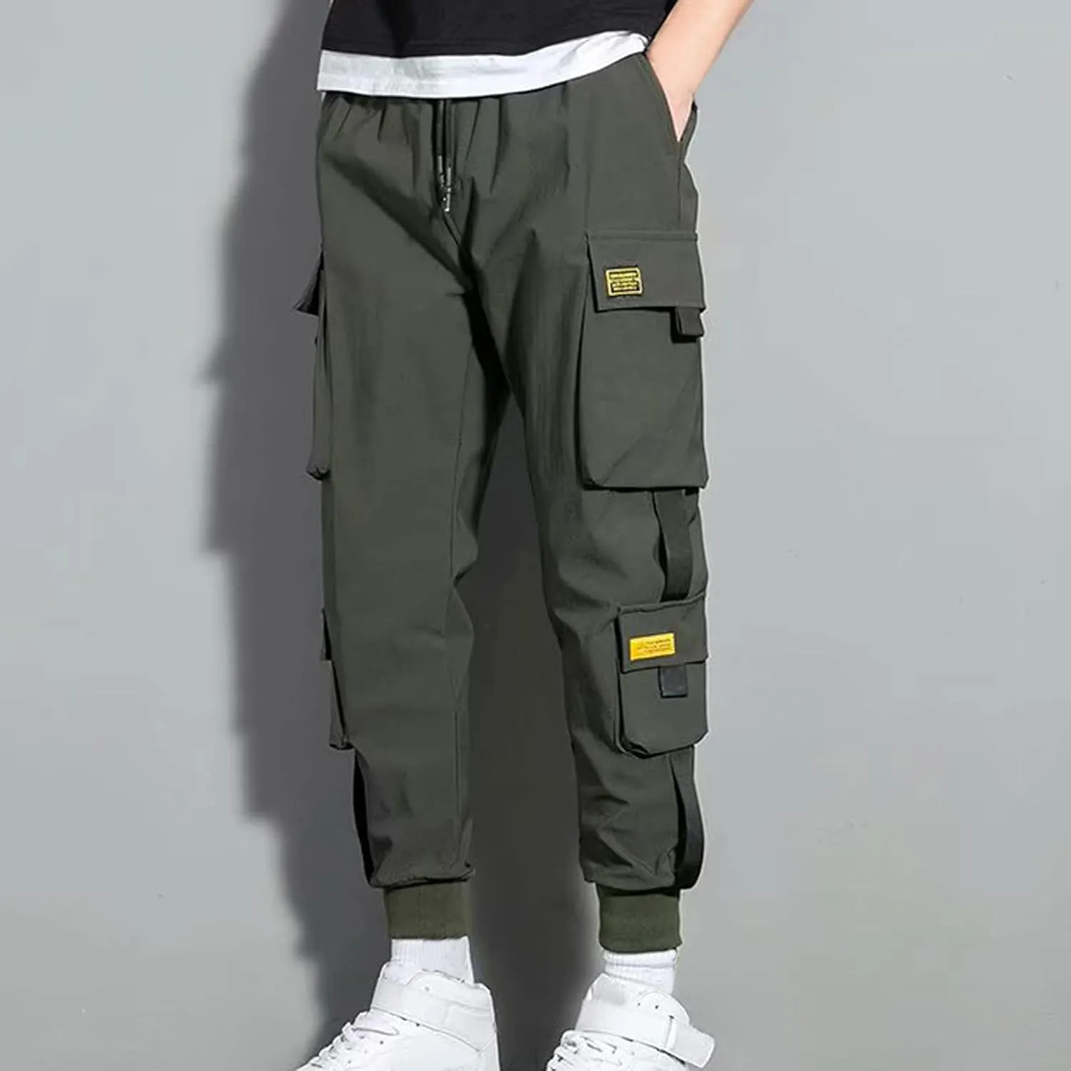 Aymnlox Cargo Pants for Men Lightweight Slim Fit Solid Color Tapered Sweatpants Drawstring Elastic Waist Trouser with Pockets