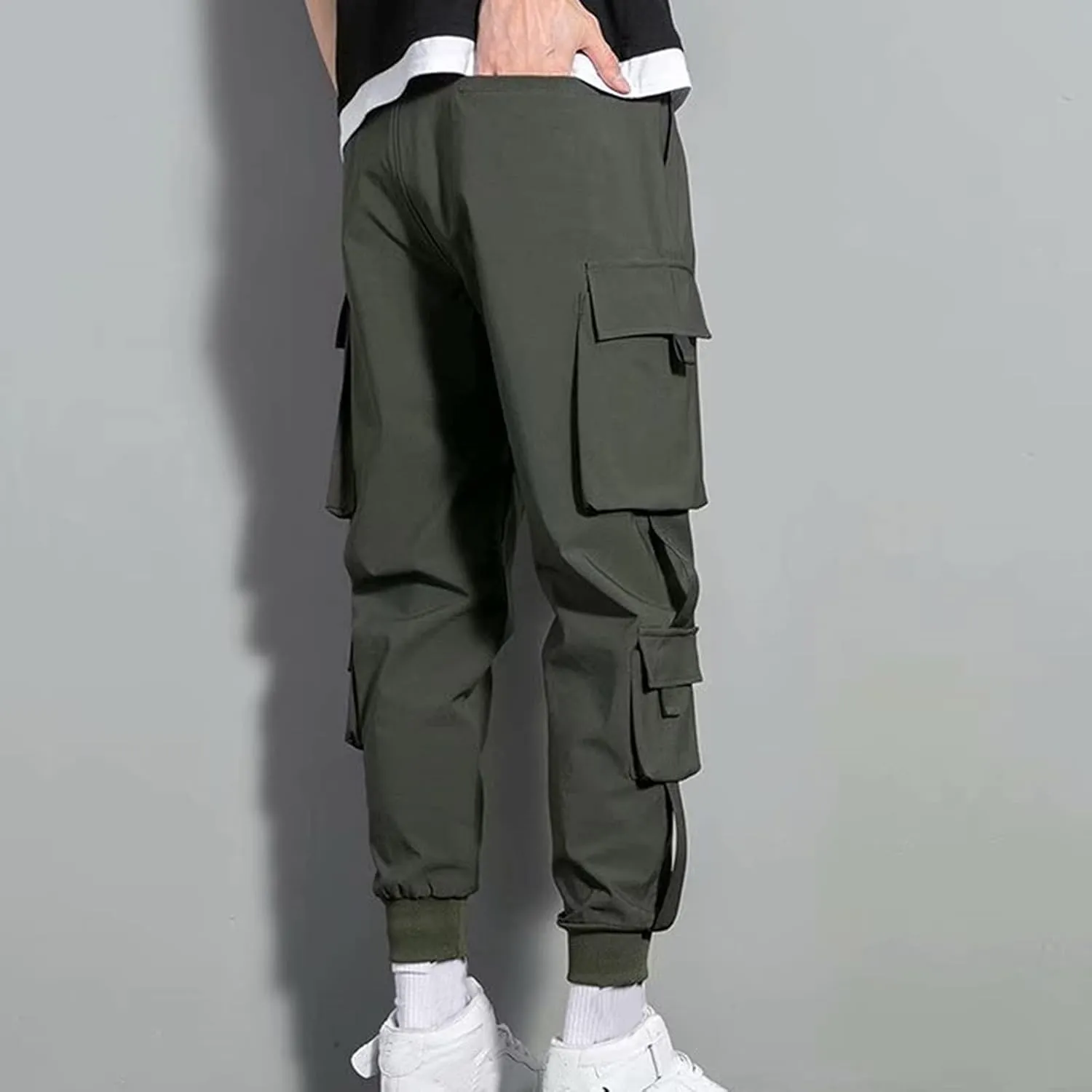 Aymnlox Cargo Pants for Men Lightweight Slim Fit Solid Color Tapered Sweatpants Drawstring Elastic Waist Trouser with Pockets