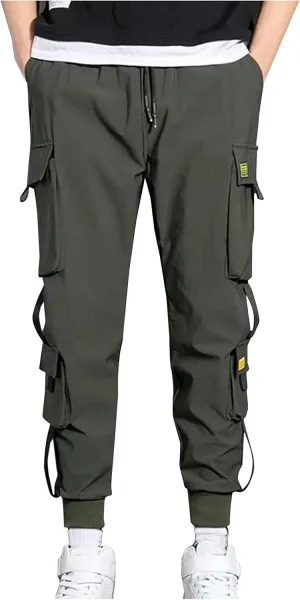 Aymnlox Cargo Pants for Men Lightweight Slim Fit Solid Color Tapered Sweatpants Drawstring Elastic Waist Trouser with Pockets