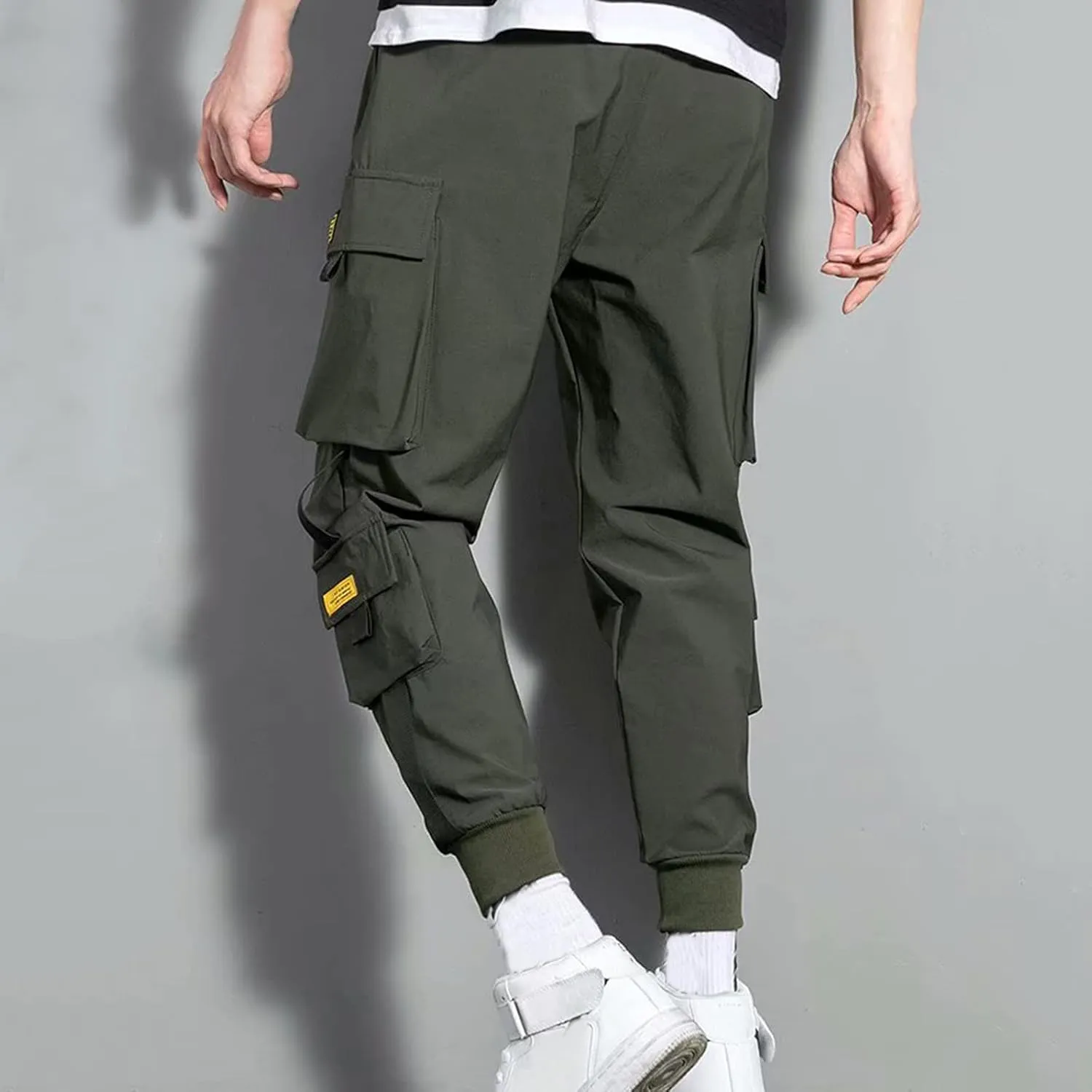 Aymnlox Cargo Pants for Men Lightweight Slim Fit Solid Color Tapered Sweatpants Drawstring Elastic Waist Trouser with Pockets