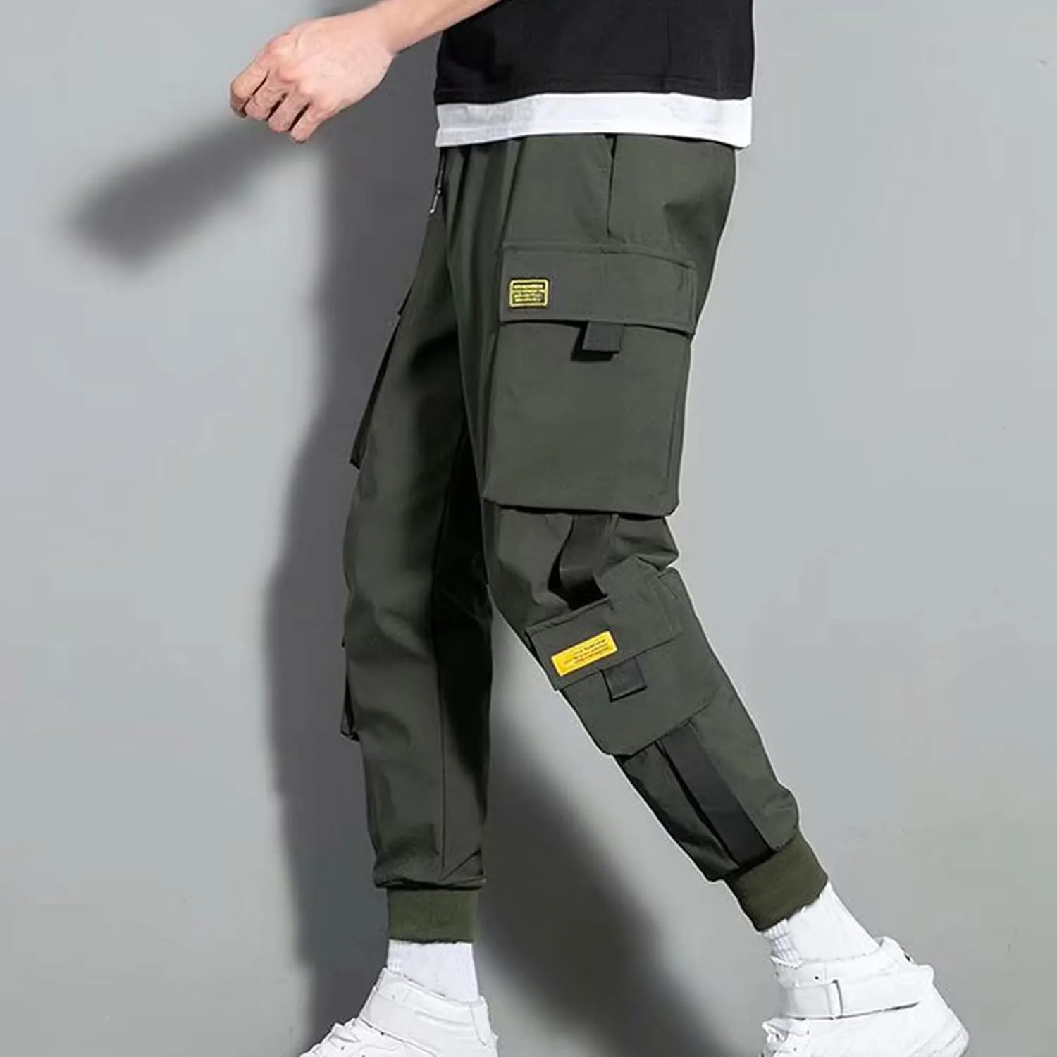 Aymnlox Cargo Pants for Men Lightweight Slim Fit Solid Color Tapered Sweatpants Drawstring Elastic Waist Trouser with Pockets
