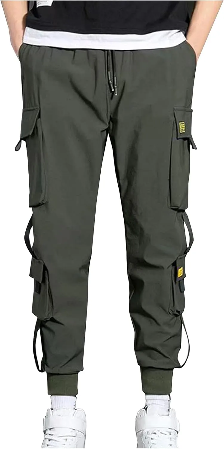 Aymnlox Cargo Pants for Men Lightweight Slim Fit Solid Color Tapered Sweatpants Drawstring Elastic Waist Trouser with Pockets
