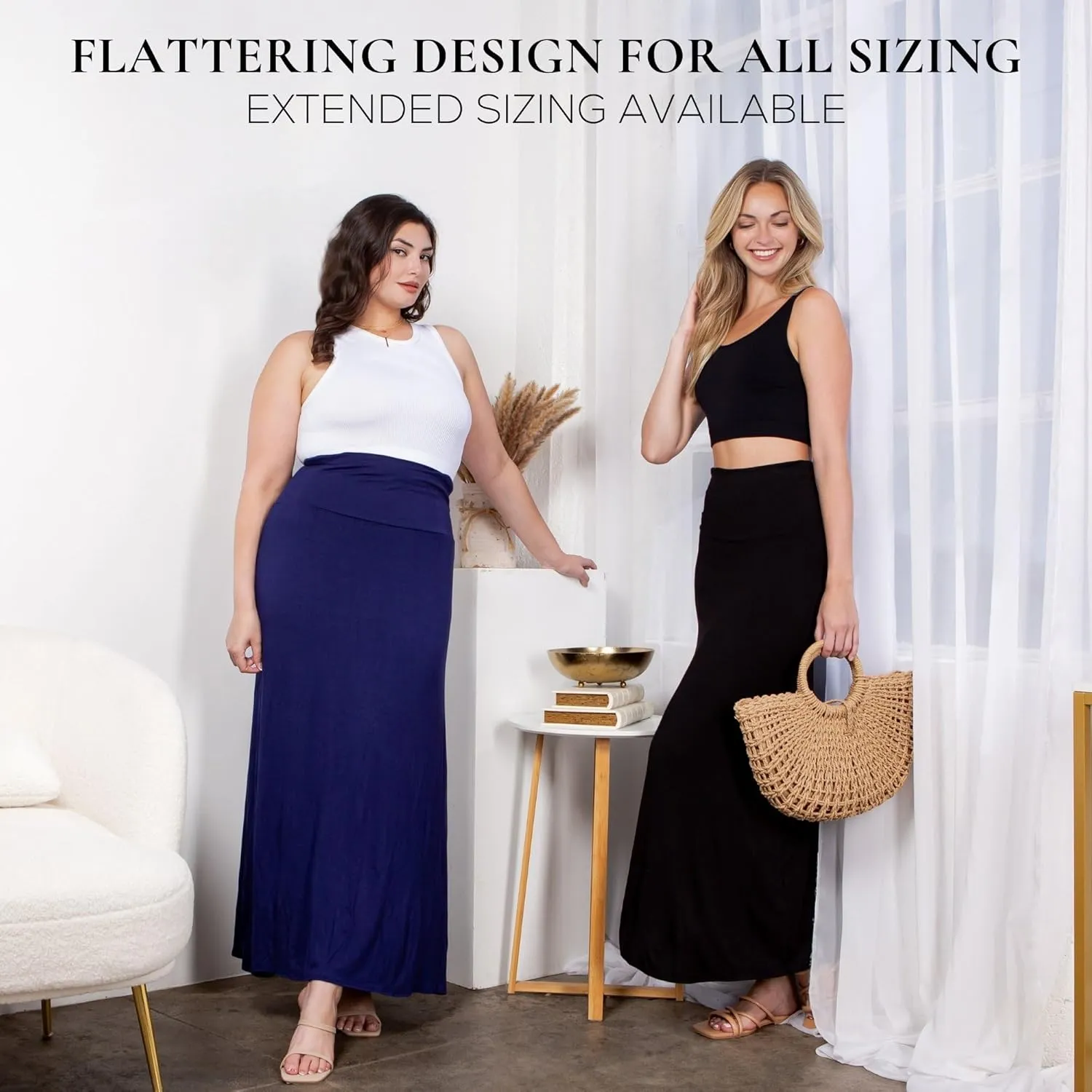 Azules High Waisted Maxi Skirts for Women - Standard & Plus Size Ankle Length Skirt - Formal & Casual Long Skirt for Women