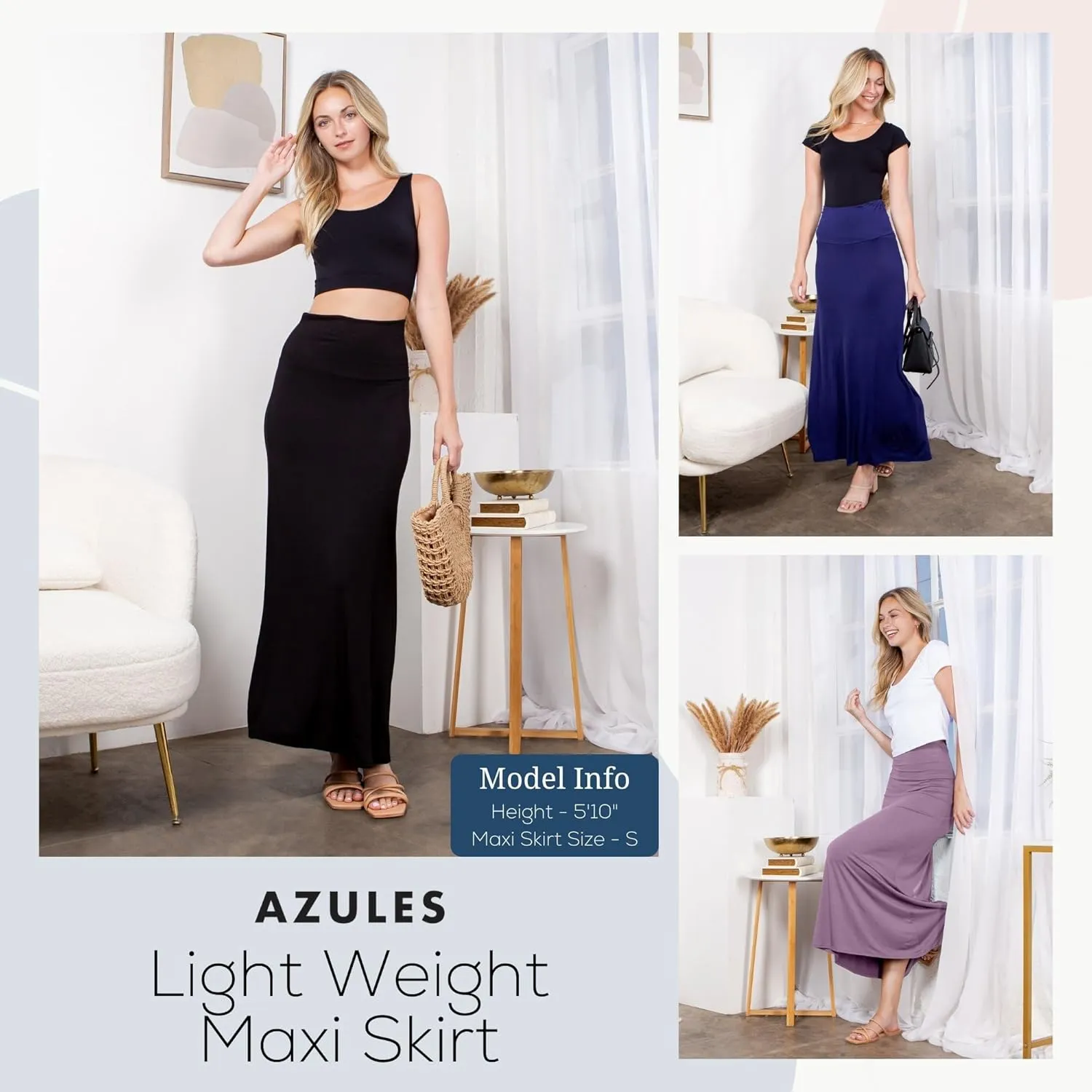 Azules High Waisted Maxi Skirts for Women - Standard & Plus Size Ankle Length Skirt - Formal & Casual Long Skirt for Women