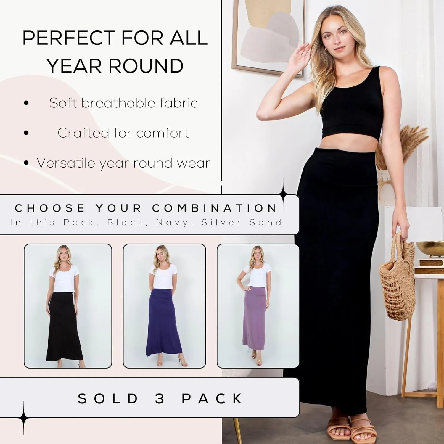 Azules High Waisted Maxi Skirts for Women - Standard & Plus Size Ankle Length Skirt - Formal & Casual Long Skirt for Women