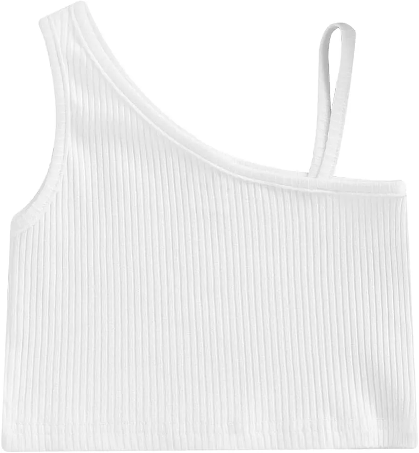 Baby Girls Ribbed Tank Crop Tops, Solid Color One Shoulder Sleeveless Cami Vest Skinny Fit Summer Clothing 2-7 Years