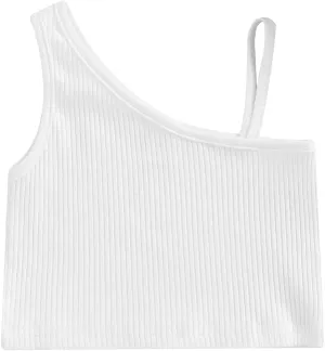 Baby Girls Ribbed Tank Crop Tops, Solid Color One Shoulder Sleeveless Cami Vest Skinny Fit Summer Clothing 2-7 Years