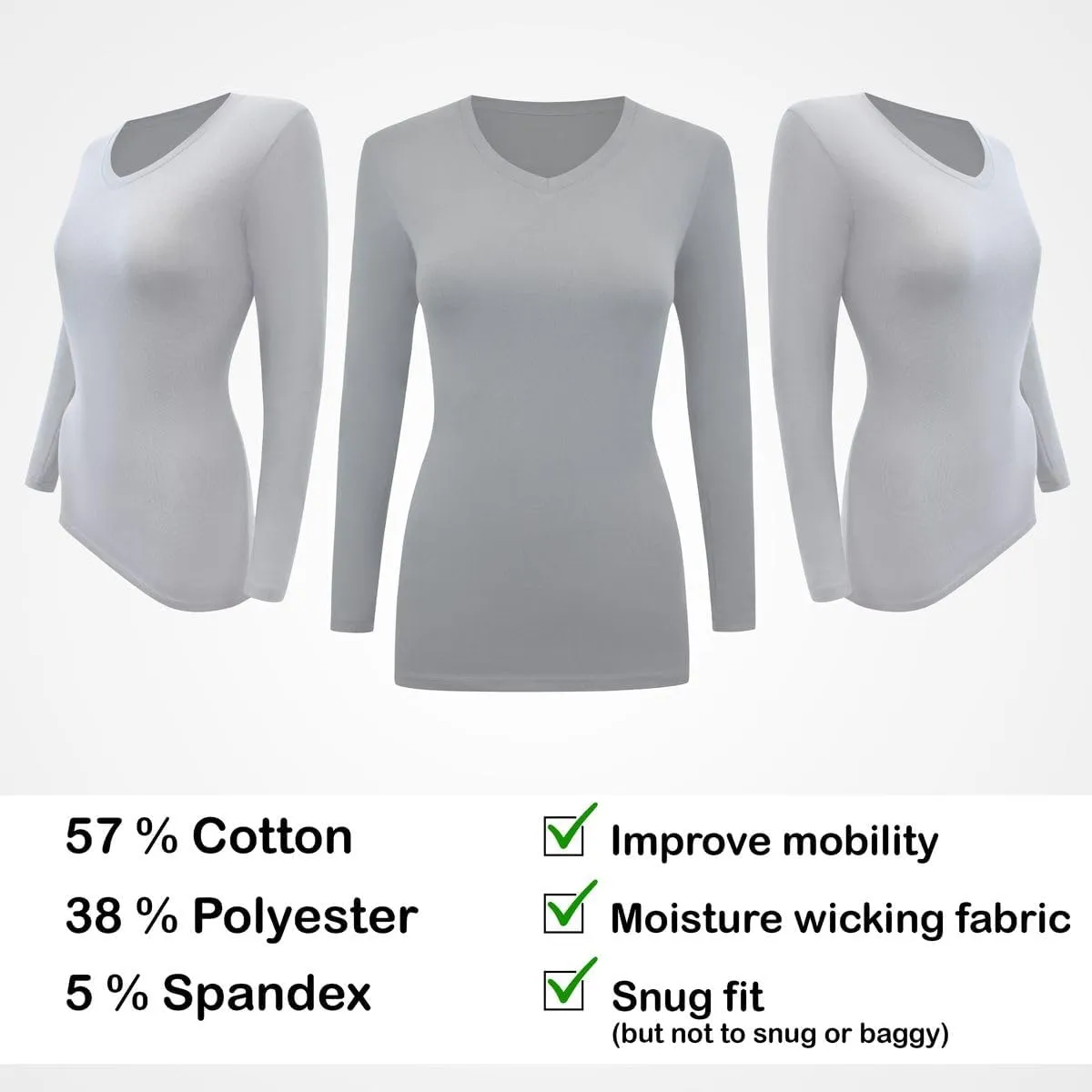 BaHoki Essentials Long Sleeve V-Neck Undershirts - Great Stretch and Layering Piece - 5 Pack