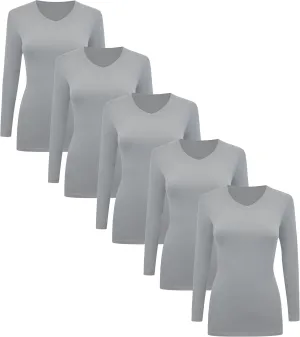 BaHoki Essentials Long Sleeve V-Neck Undershirts - Great Stretch and Layering Piece - 5 Pack