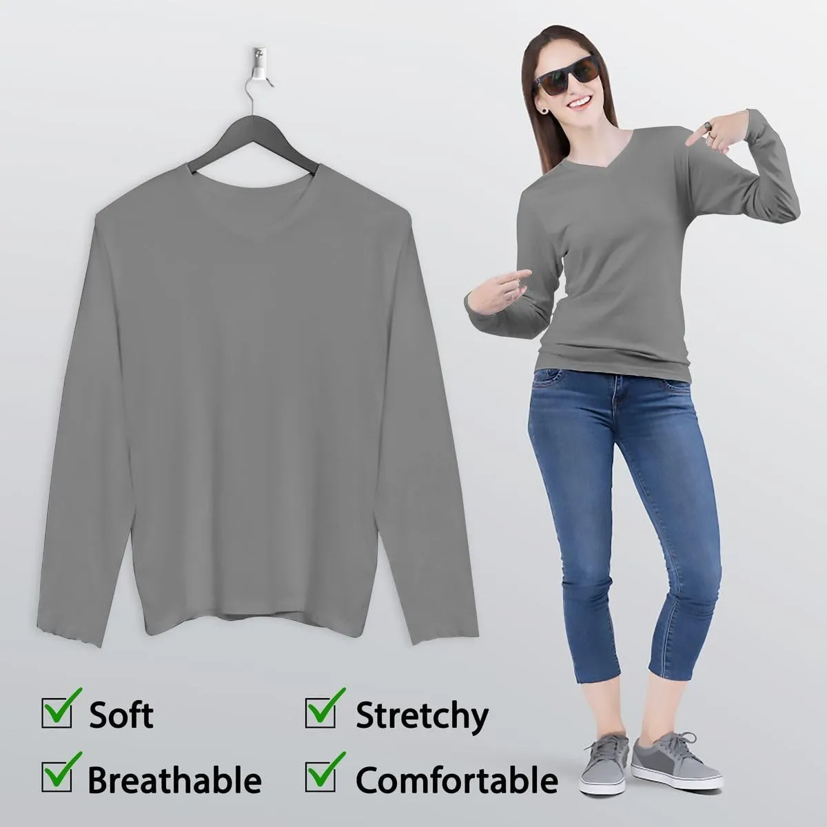 BaHoki Essentials Long Sleeve V-Neck Undershirts - Great Stretch and Layering Piece - 5 Pack