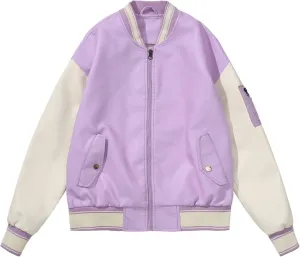 BAICAIYU Women's Baseball Leather Jacket Long Sleeve Zipper Campus Jacket Classic Patchwork Color Windproof Coat
