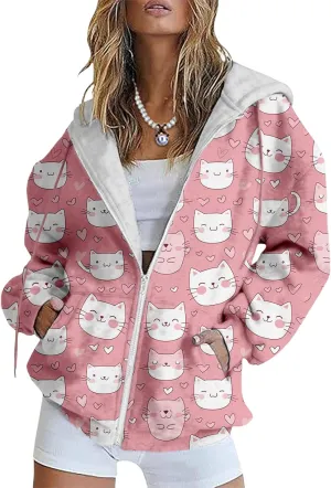 Bengbobar Plus Size Zip Up Hoodies For Women Animal Printed Long Sleeve Hooded Sweatshirts Casual Fashion Jackets Womens