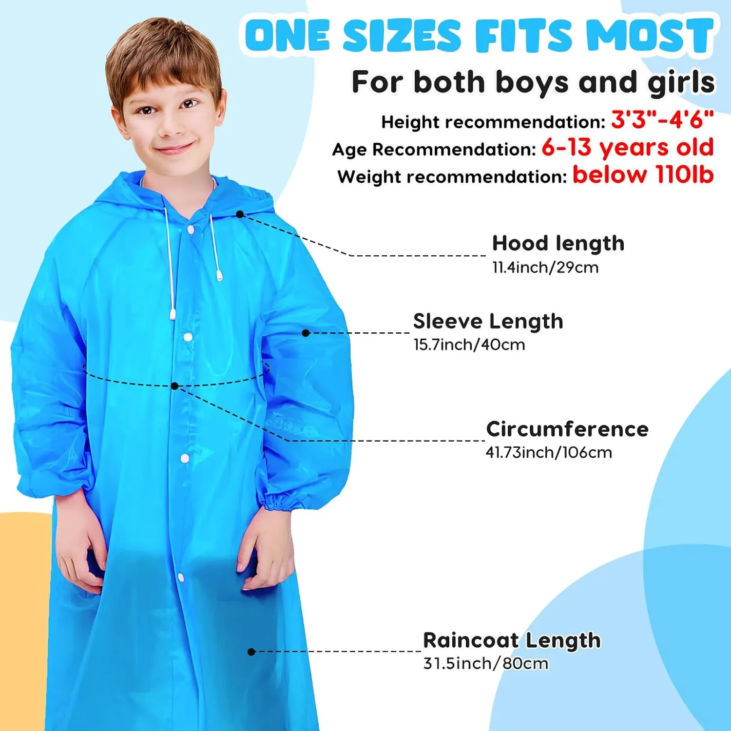 BFONS 2-3 Pack Rain Ponchos for Kids Reusable, EVA Raincoats for Boys Girls with Hood and Sleeves, Waterproof Rain Coat