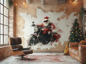 Biker Santa Wall Mural | Adventurous Christmas Decor | Santa on Motorcycle Wall Art | Unique Holiday Wall Sticker | Festive Statement Piece