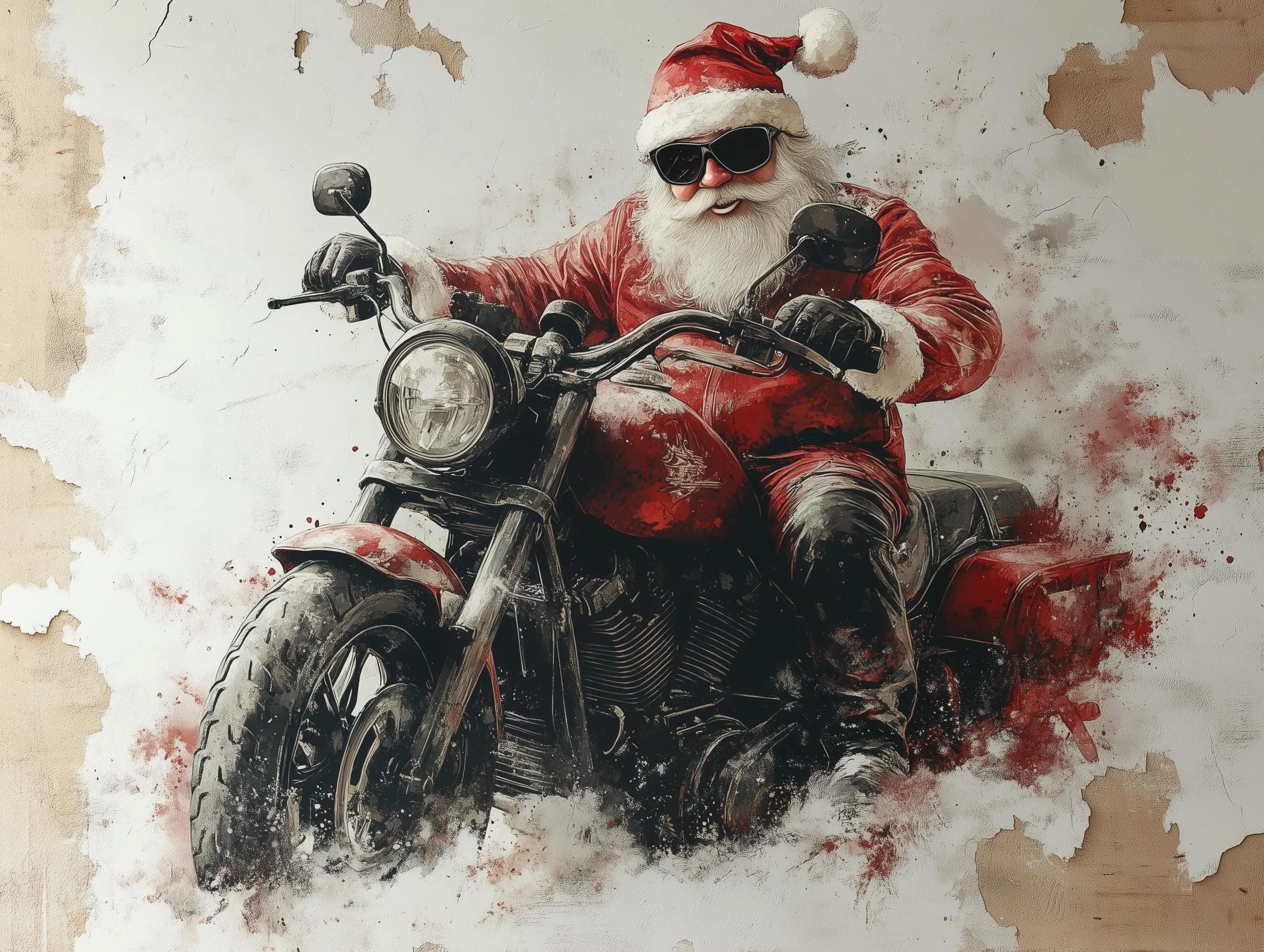 Biker Santa Wall Mural | Adventurous Christmas Decor | Santa on Motorcycle Wall Art | Unique Holiday Wall Sticker | Festive Statement Piece