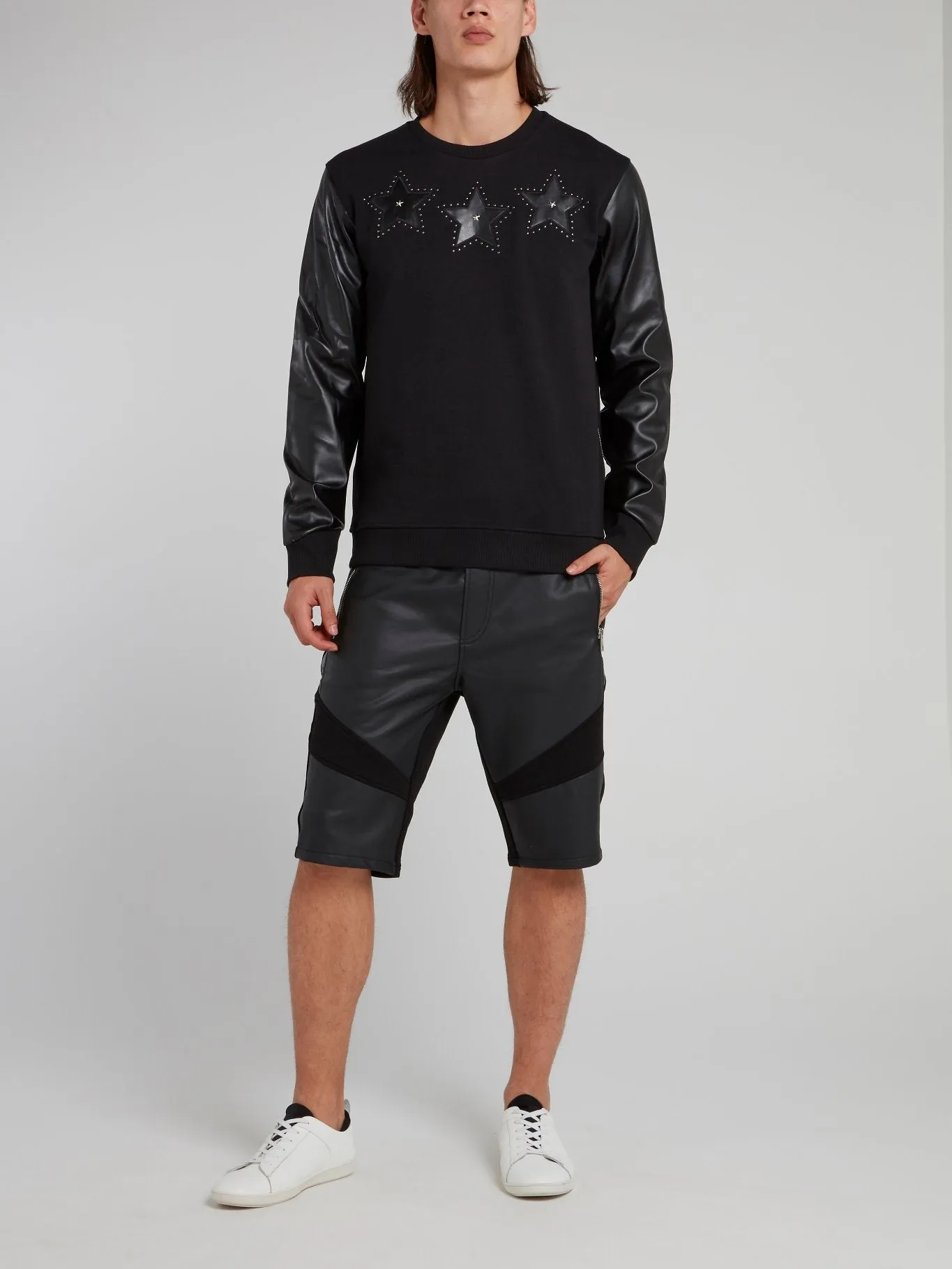 Black Drawstring Leather Panel Shorts