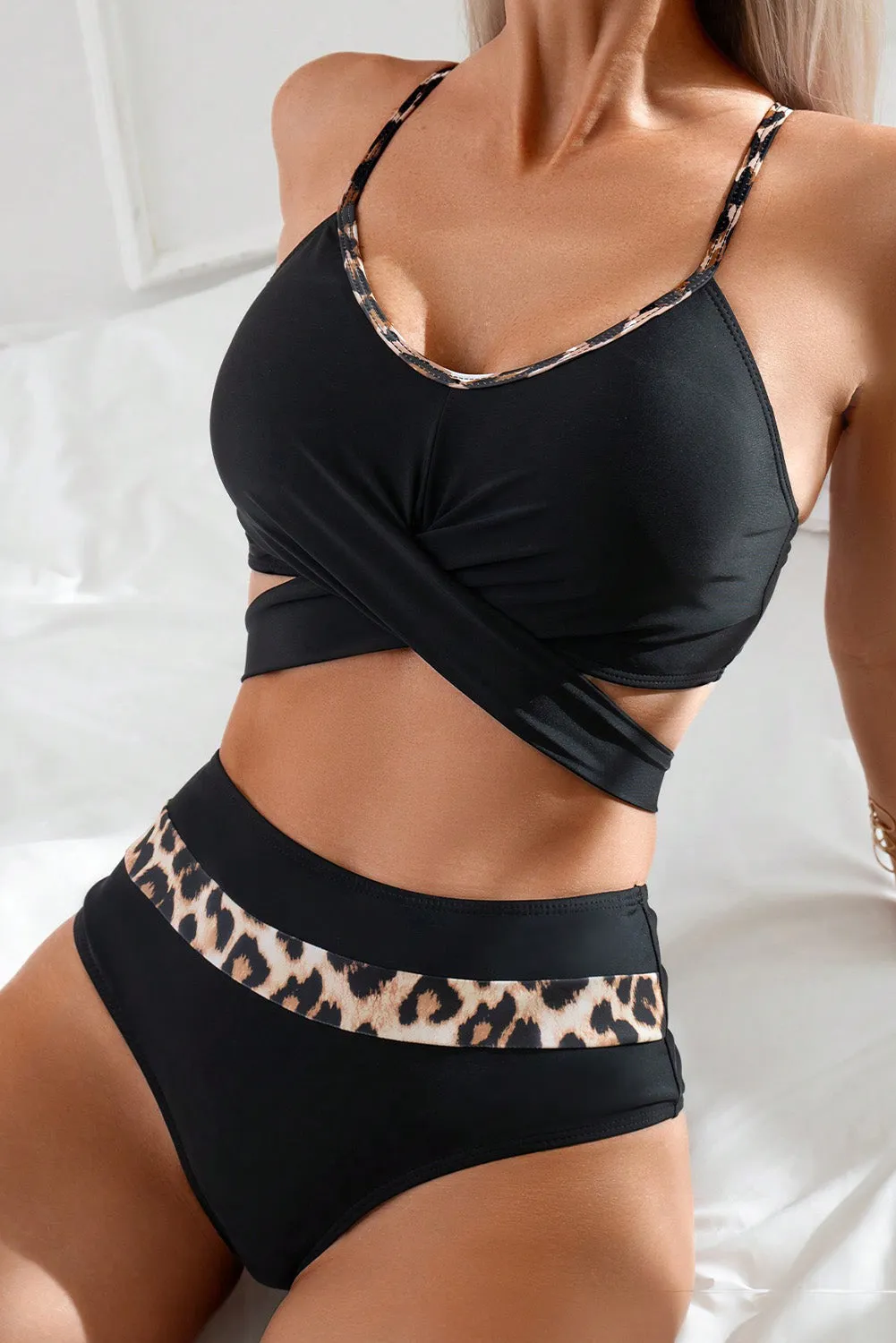 Black Leopard Splicing Criss Cross Tie Spaghetti Straps Bikini
