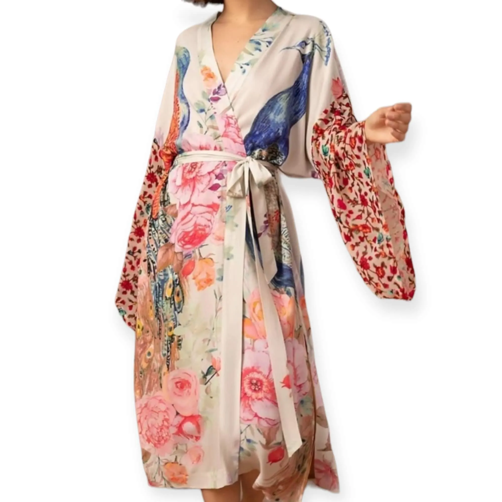 Blue Peacock Long Kimono Cover Up