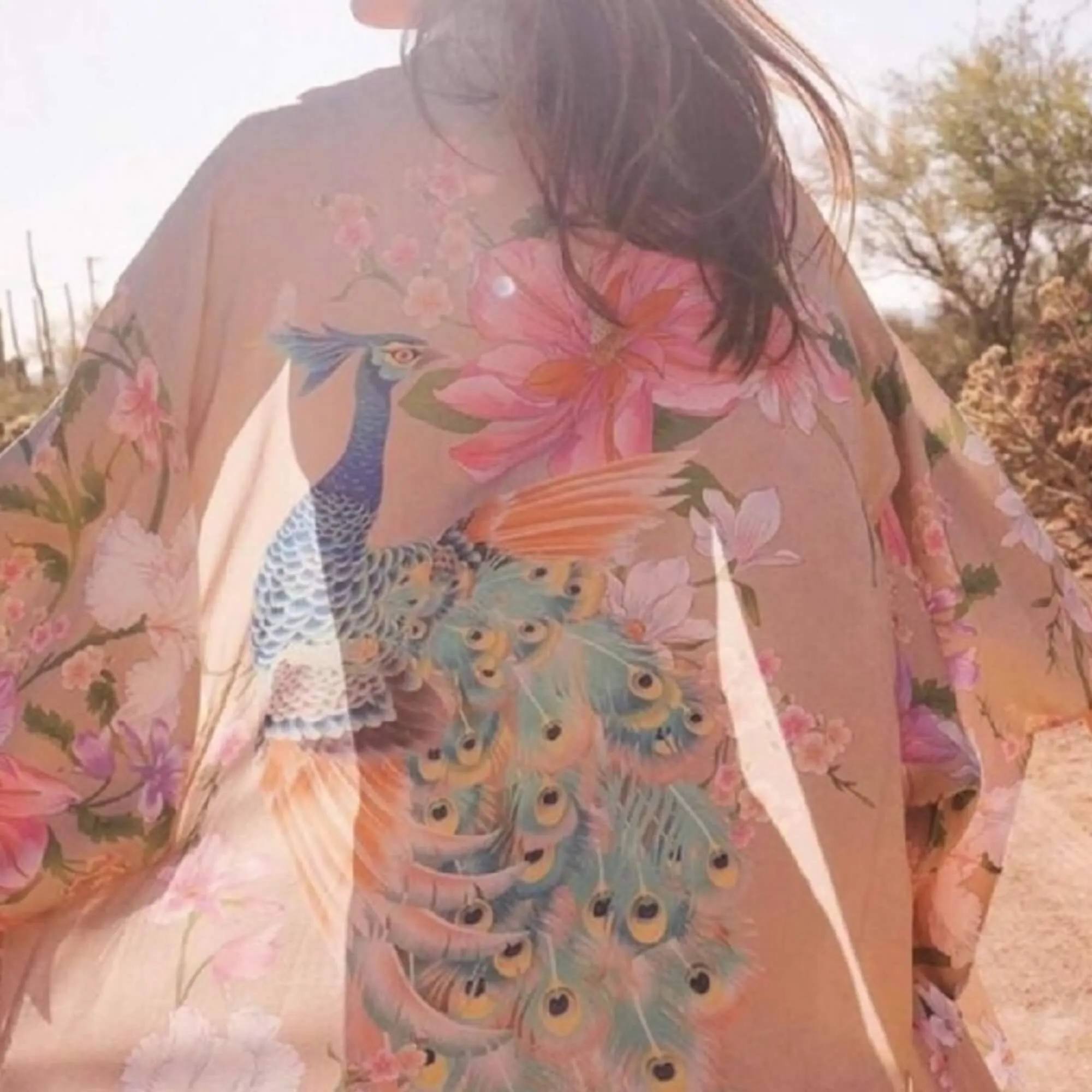 Blue Peacock Long Kimono Cover Up