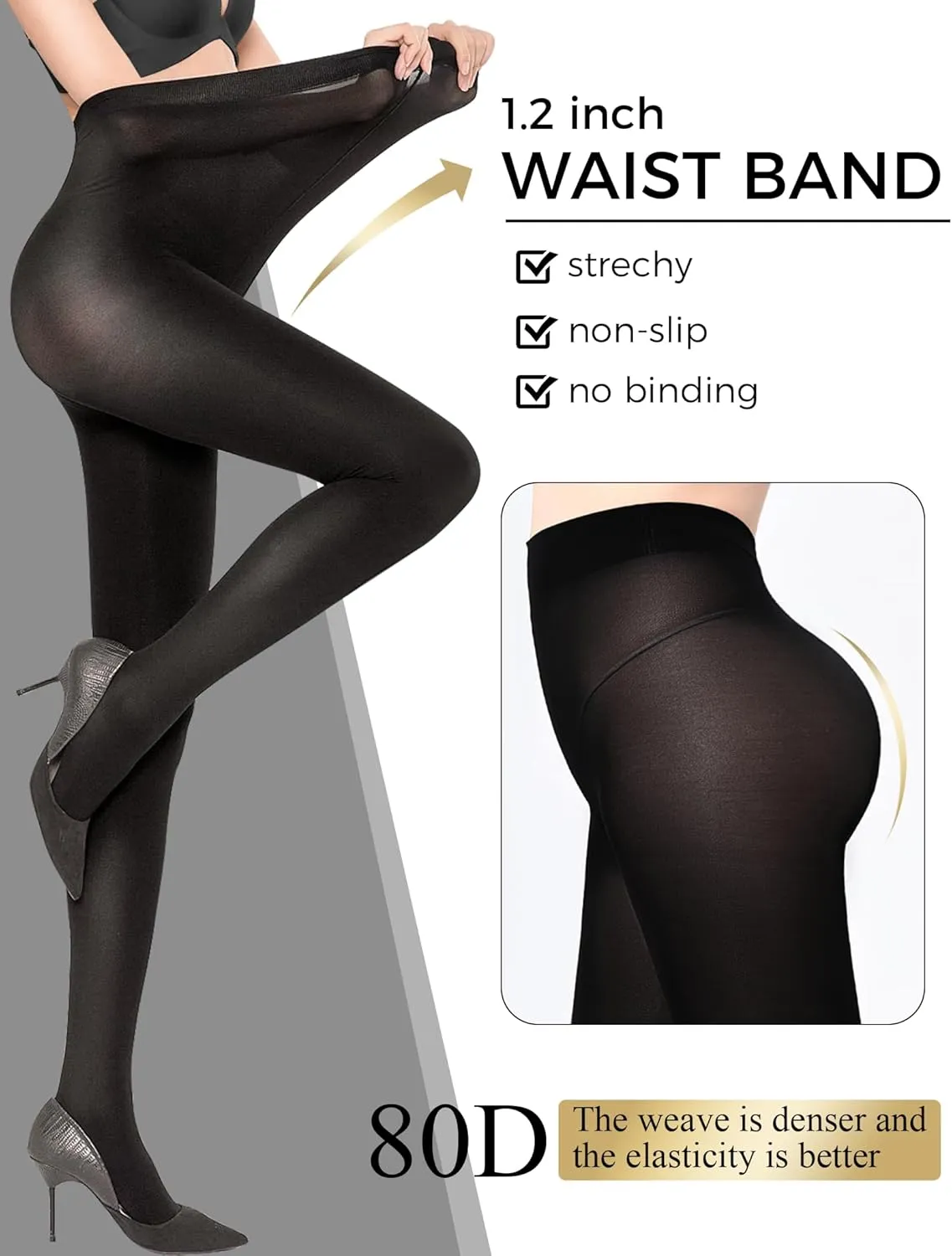 Buauty 80D Black Tights for Women,Opaque Tights Soft, High Waist Soft Nylon Pantyhose