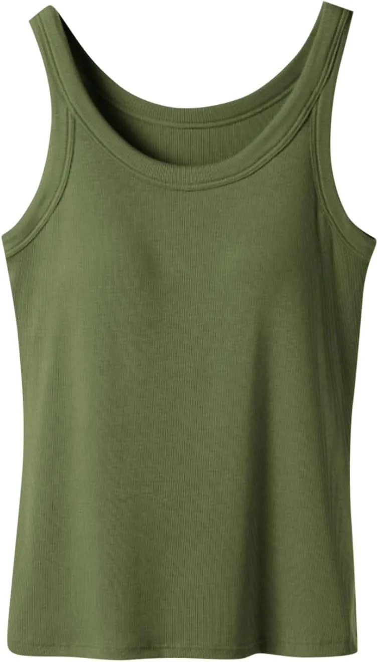 Built in Bra Tank Tops for Women 2025 Ribbed Knit Casual Slim-Fit Tops Crew Neck Sleeveless Summer Basic Tanks
