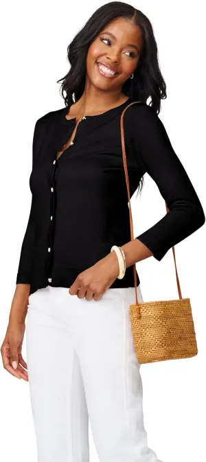 Cable & Gauge Women's Lady Button Front Cardigan Lightweight Button-Up Sweater, Crew Neck, 3/4 Sleeve, Versatile Layering Top