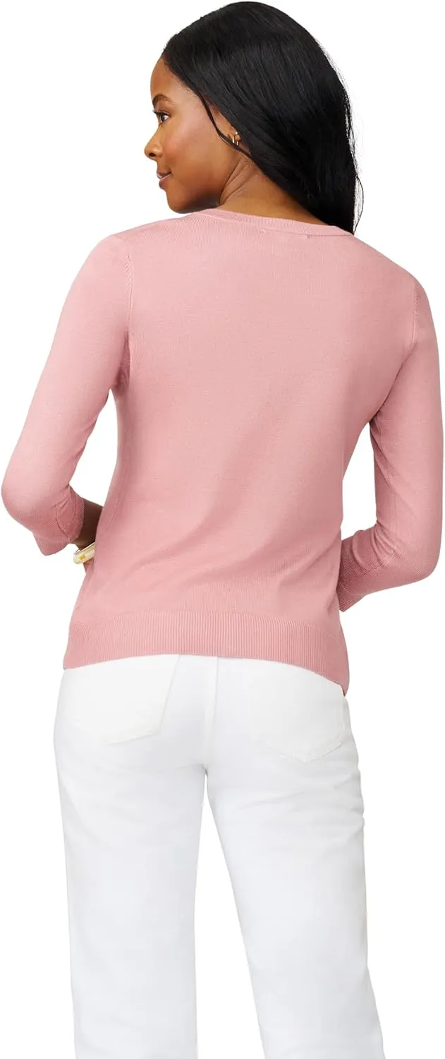 Cable & Gauge Women's Lady Button Front Cardigan Lightweight Button-Up Sweater, Crew Neck, 3/4 Sleeve, Versatile Layering Top