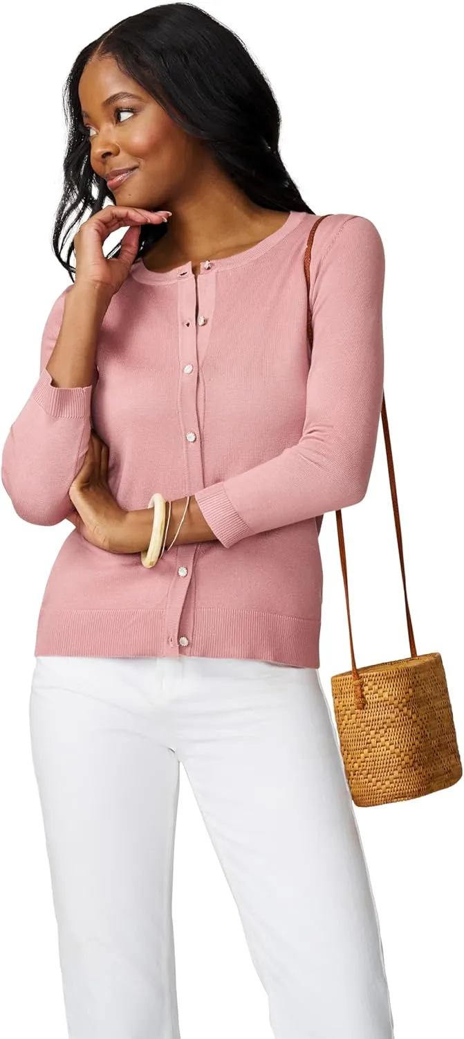 Cable & Gauge Women's Lady Button Front Cardigan Lightweight Button-Up Sweater, Crew Neck, 3/4 Sleeve, Versatile Layering Top