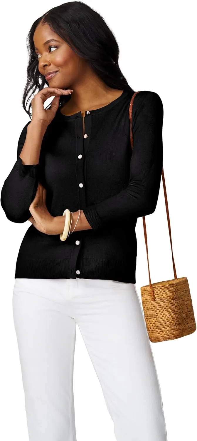 Cable & Gauge Women's Lady Button Front Cardigan Lightweight Button-Up Sweater, Crew Neck, 3/4 Sleeve, Versatile Layering Top