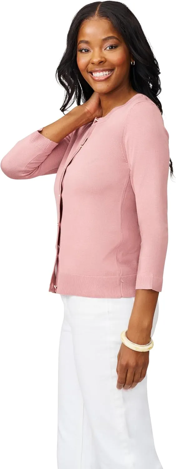 Cable & Gauge Women's Lady Button Front Cardigan Lightweight Button-Up Sweater, Crew Neck, 3/4 Sleeve, Versatile Layering Top