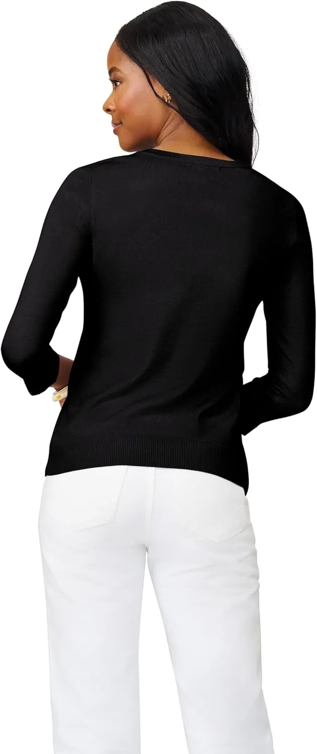 Cable & Gauge Women's Lady Button Front Cardigan Lightweight Button-Up Sweater, Crew Neck, 3/4 Sleeve, Versatile Layering Top