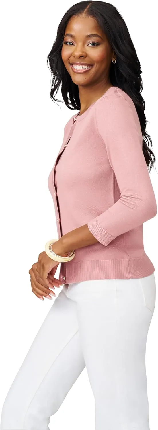 Cable & Gauge Women's Lady Button Front Cardigan Lightweight Button-Up Sweater, Crew Neck, 3/4 Sleeve, Versatile Layering Top