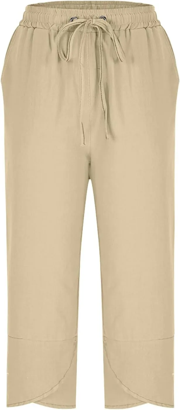 Capri Pants for Women Cotton Linen Casual Summer 2025 Straight Wide Leg Drawstring Elastic Waist Cropped Trouser