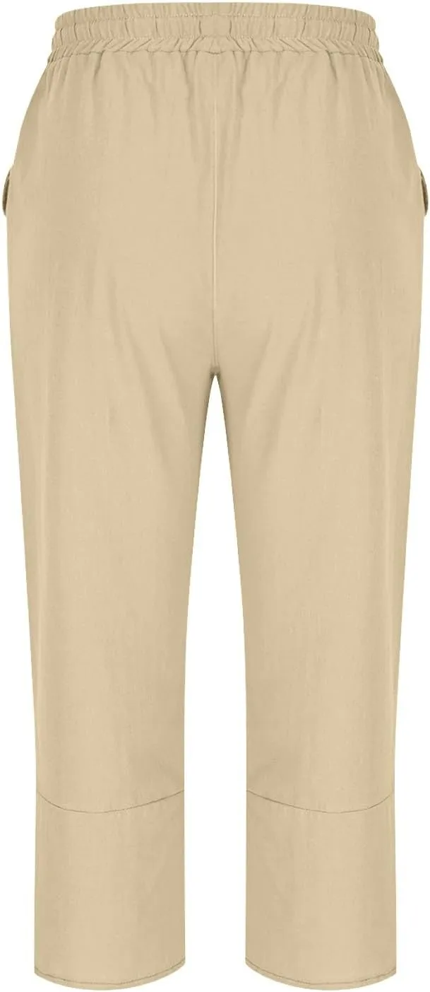 Capri Pants for Women Cotton Linen Casual Summer 2025 Straight Wide Leg Drawstring Elastic Waist Cropped Trouser