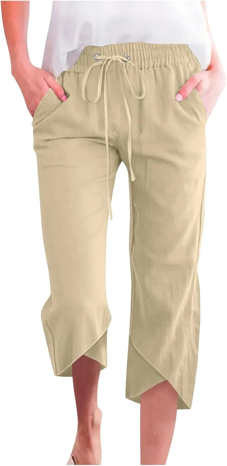Capri Pants for Women Cotton Linen Casual Summer 2025 Straight Wide Leg Drawstring Elastic Waist Cropped Trouser