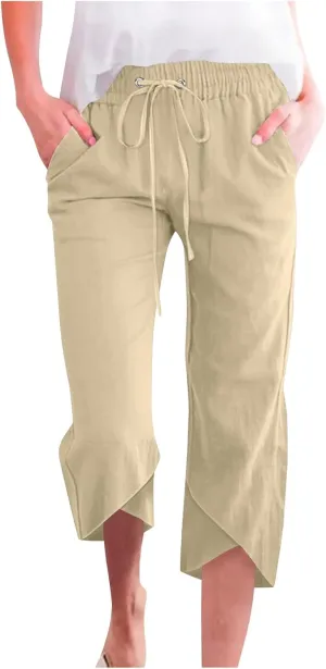 Capri Pants for Women Cotton Linen Casual Summer 2025 Straight Wide Leg Drawstring Elastic Waist Cropped Trouser