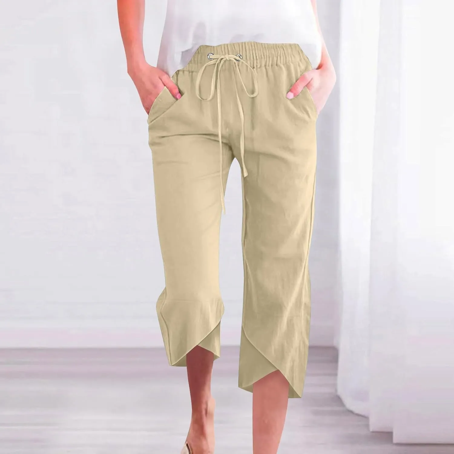 Capri Pants for Women Cotton Linen Casual Summer 2025 Straight Wide Leg Drawstring Elastic Waist Cropped Trouser