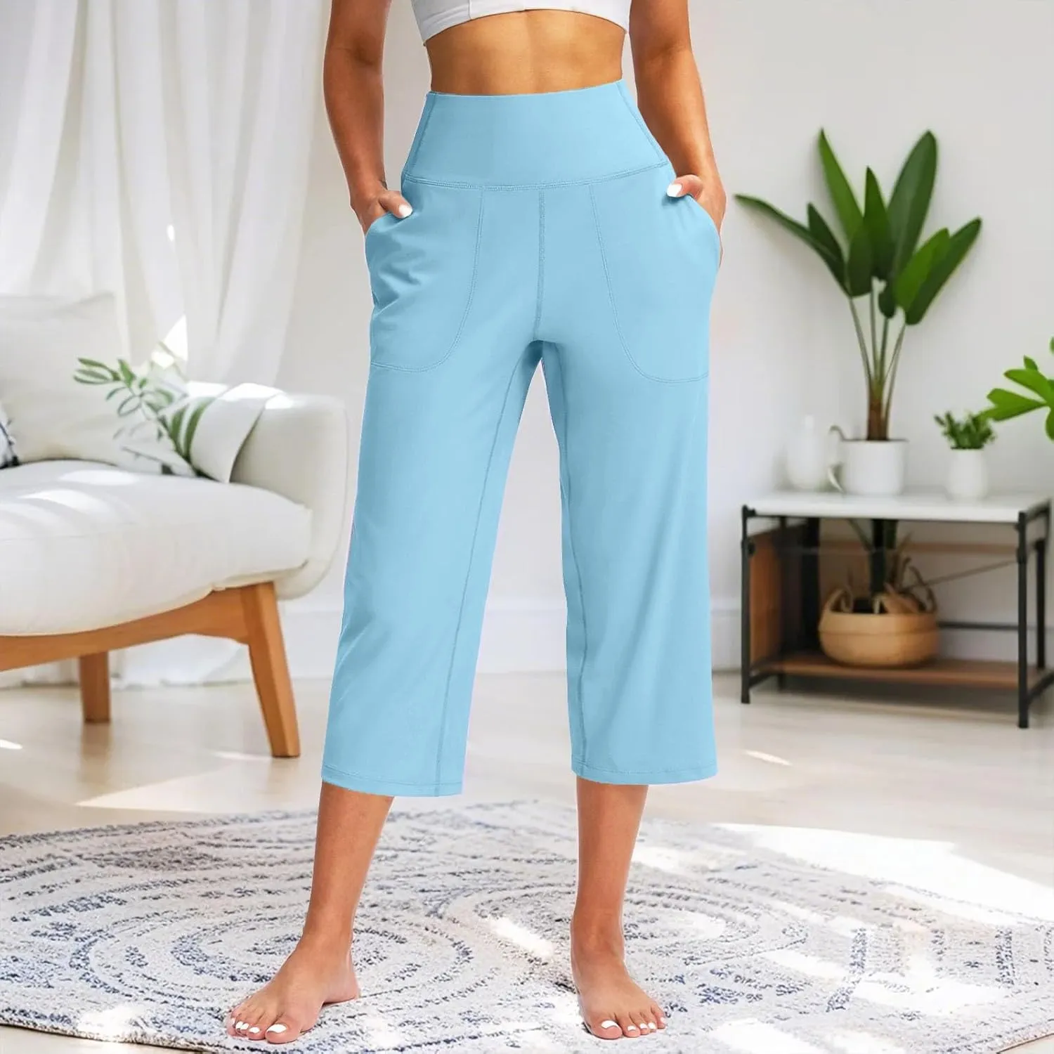 Capri Pants for Women Summer Casual Elastic Waist Wide Leg Cropped Trousers Plus Size Tummy Control Petite Yoga Pants
