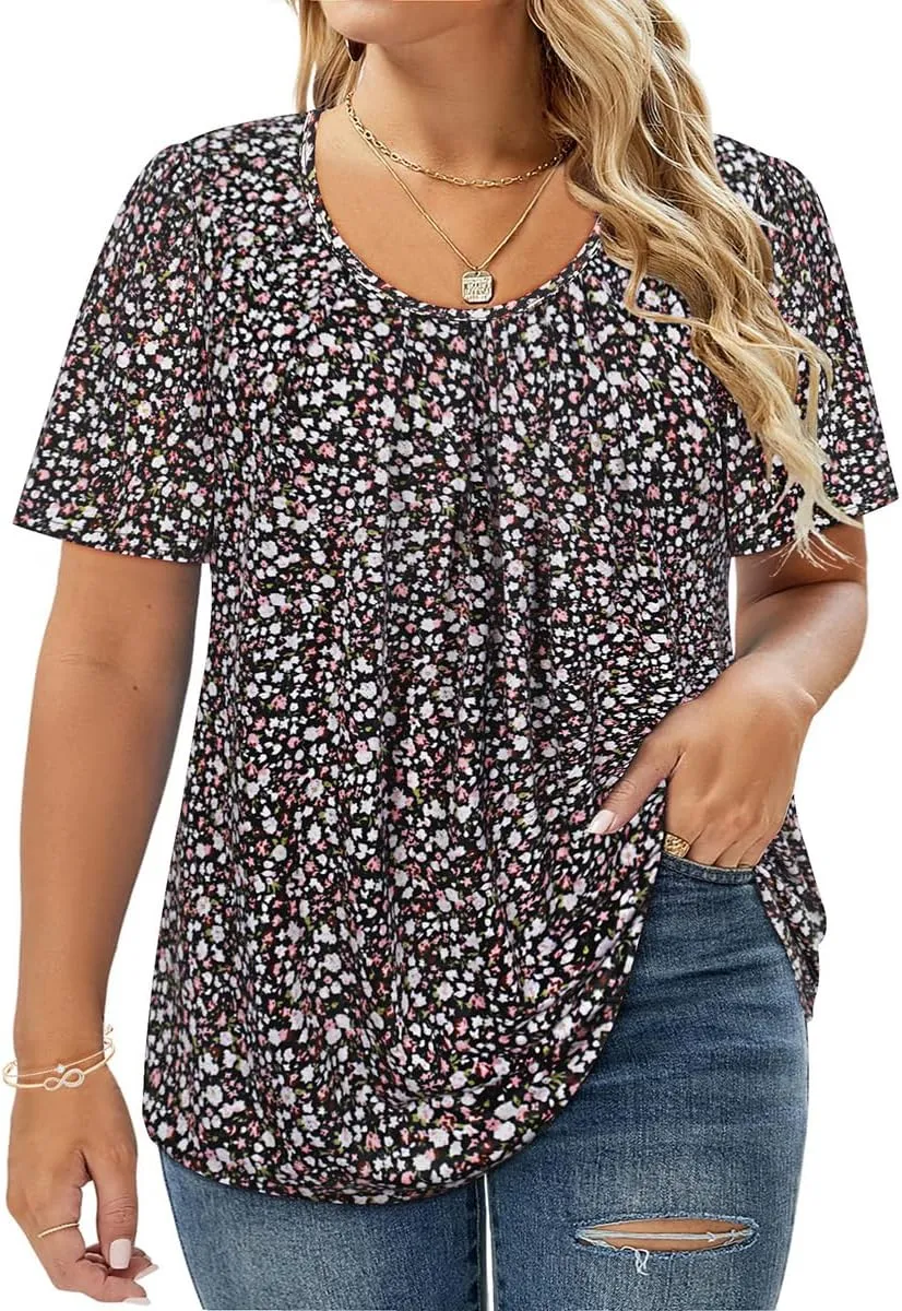 CARCOS Womens Plus Size Tops Summer Pleated Flowy Shirts Short Sleeve Crewneck Tunic Tops Casual Solid/Floral/Tie Dye XL-5XL