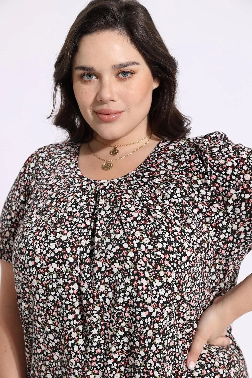 CARCOS Womens Plus Size Tops Summer Pleated Flowy Shirts Short Sleeve Crewneck Tunic Tops Casual Solid/Floral/Tie Dye XL-5XL