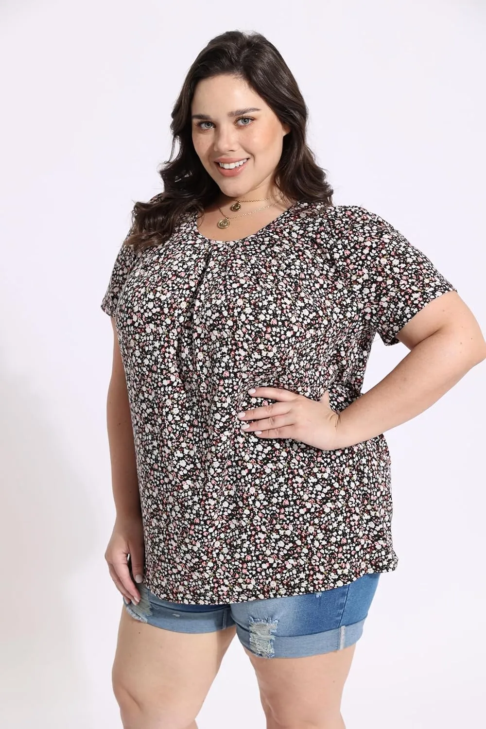 CARCOS Womens Plus Size Tops Summer Pleated Flowy Shirts Short Sleeve Crewneck Tunic Tops Casual Solid/Floral/Tie Dye XL-5XL