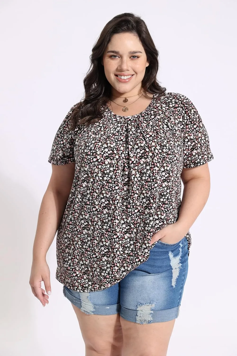 CARCOS Womens Plus Size Tops Summer Pleated Flowy Shirts Short Sleeve Crewneck Tunic Tops Casual Solid/Floral/Tie Dye XL-5XL