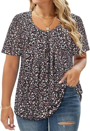 CARCOS Womens Plus Size Tops Summer Pleated Flowy Shirts Short Sleeve Crewneck Tunic Tops Casual Solid/Floral/Tie Dye XL-5XL