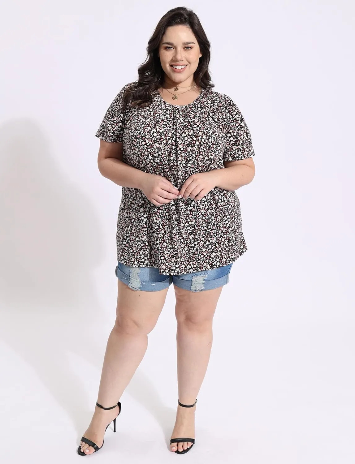 CARCOS Womens Plus Size Tops Summer Pleated Flowy Shirts Short Sleeve Crewneck Tunic Tops Casual Solid/Floral/Tie Dye XL-5XL