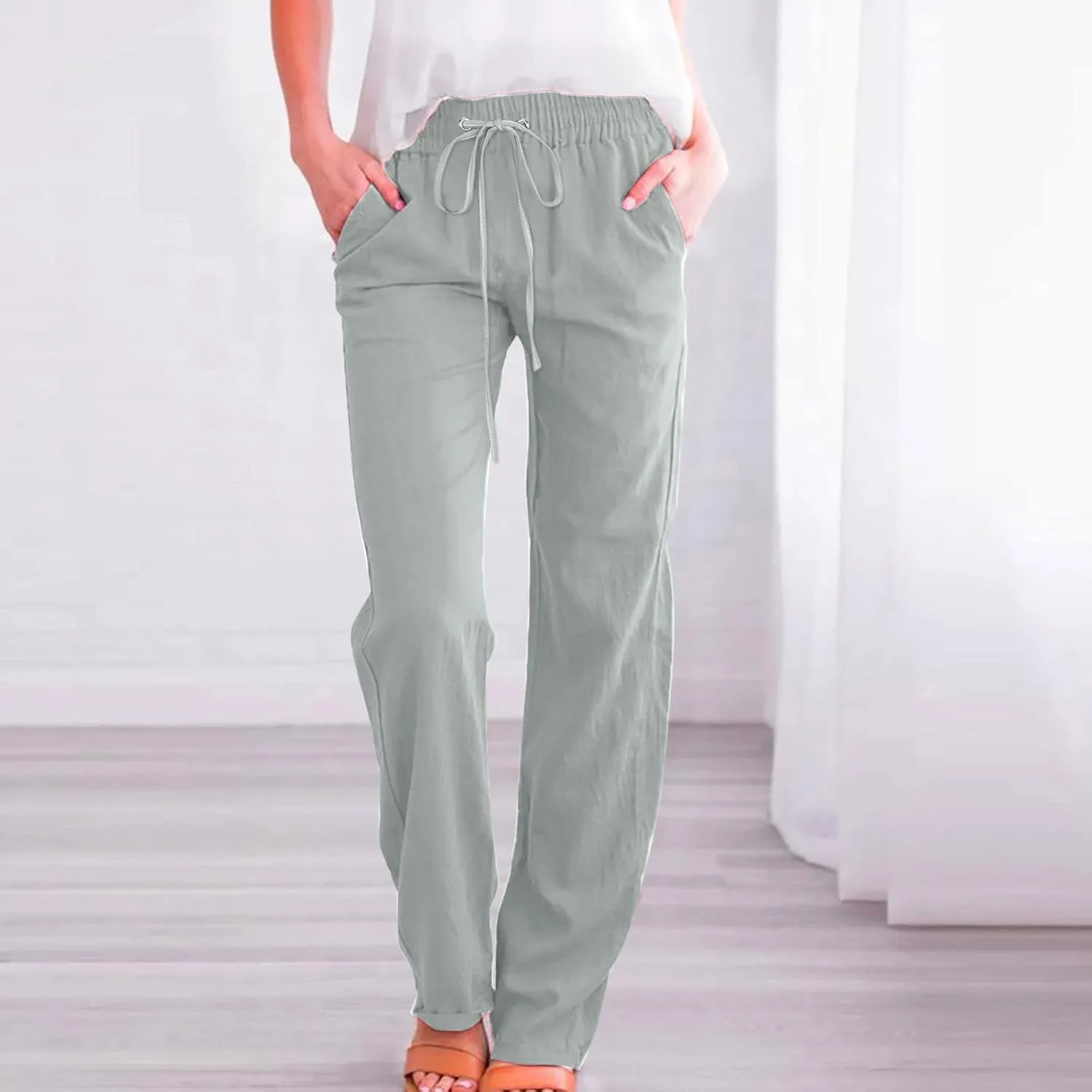 Ceboyel Women's Cotton Linen Pants Drawstring Causal Summer Pants Elastic Waist Trousers Trendy Baggy Laides Outfits 2023