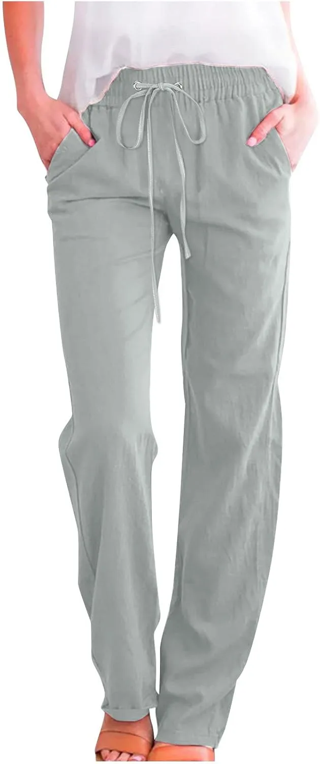 Ceboyel Women's Cotton Linen Pants Drawstring Causal Summer Pants Elastic Waist Trousers Trendy Baggy Laides Outfits 2023