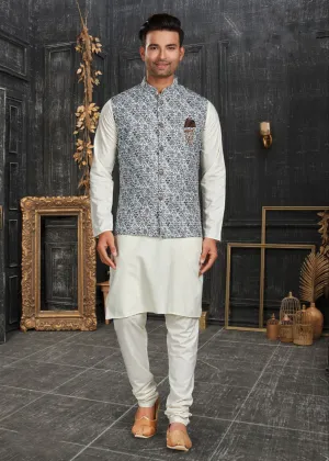 Charming Blue Colored Wedding Cotton Digital Print Kurta Pajama With Jacket Sets For Men